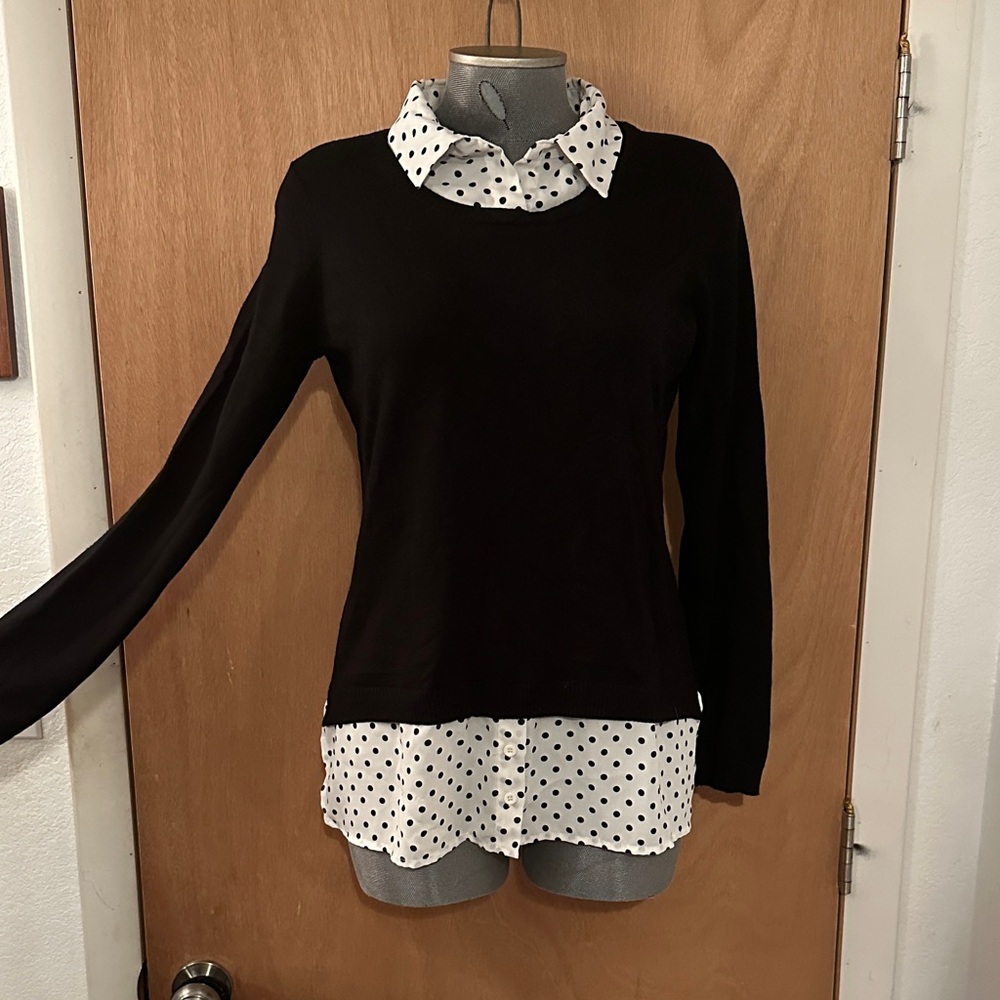 Adrianna Papell Black Sweater with White Polka Dot Layer